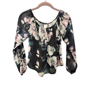 🍒 2/$20 🍒 Navy Floral Sheer Long Sleeved Blouse Rond Neck sz S